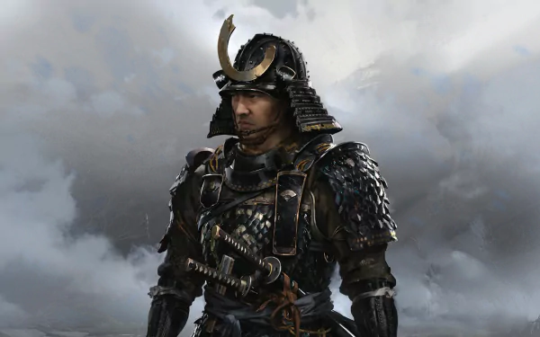 HD PC desktop wallpaper featuring Jin Sakai from the video game Ghost of Tsushima, dressed in detailed samurai armor against a cloudy sky backdrop.