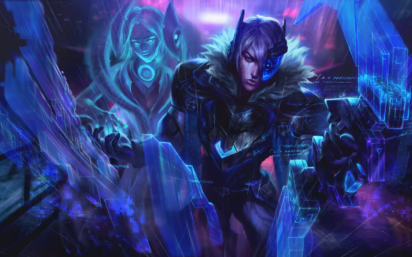 Aphelios (League of Legends) from the video game, bathed in blue-purple light, wielding crystalline weapons beside a spectral companion — HD PC desktop wallpaper.