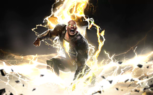 HD PC desktop wallpaper featuring Dwayne Johnson as Black Adam from the DC Comics movie, surrounded by lightning and energy effects.