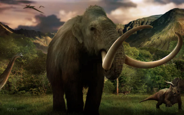 HD PC desktop wallpaper background: a fantasy animal scene of a shaggy mammoth with sweeping tusks standing in a lush prehistoric valley while dinosaurs soar and graze.