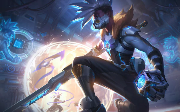 Ekko (League of Legends) crouches in a blue-lit cyberpunk scene, wielding his time device and blade — 4K Ultra HD PC desktop wallpaper/background, video game artwork.