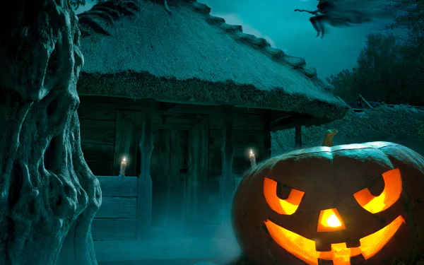 4K Ultra HD PC desktop wallpaper: glowing jack-o'-lantern in foreground, eerie haunted house under a full moon, witch silhouette flying at night — Halloween holiday scene.