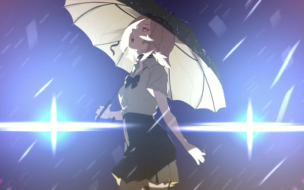 Original anime 4K Ultra HD PC desktop wallpaper: a schoolgirl holding an umbrella in the rain, backlit by bright blue cross-shaped lens flares.