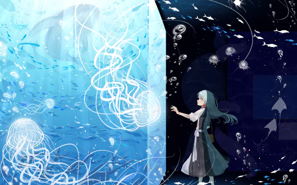 Anime-style original 4K Ultra HD desktop wallpaper depicting a girl reaching between contrasting light and dark underwater scenes filled with jellyfish and fish.