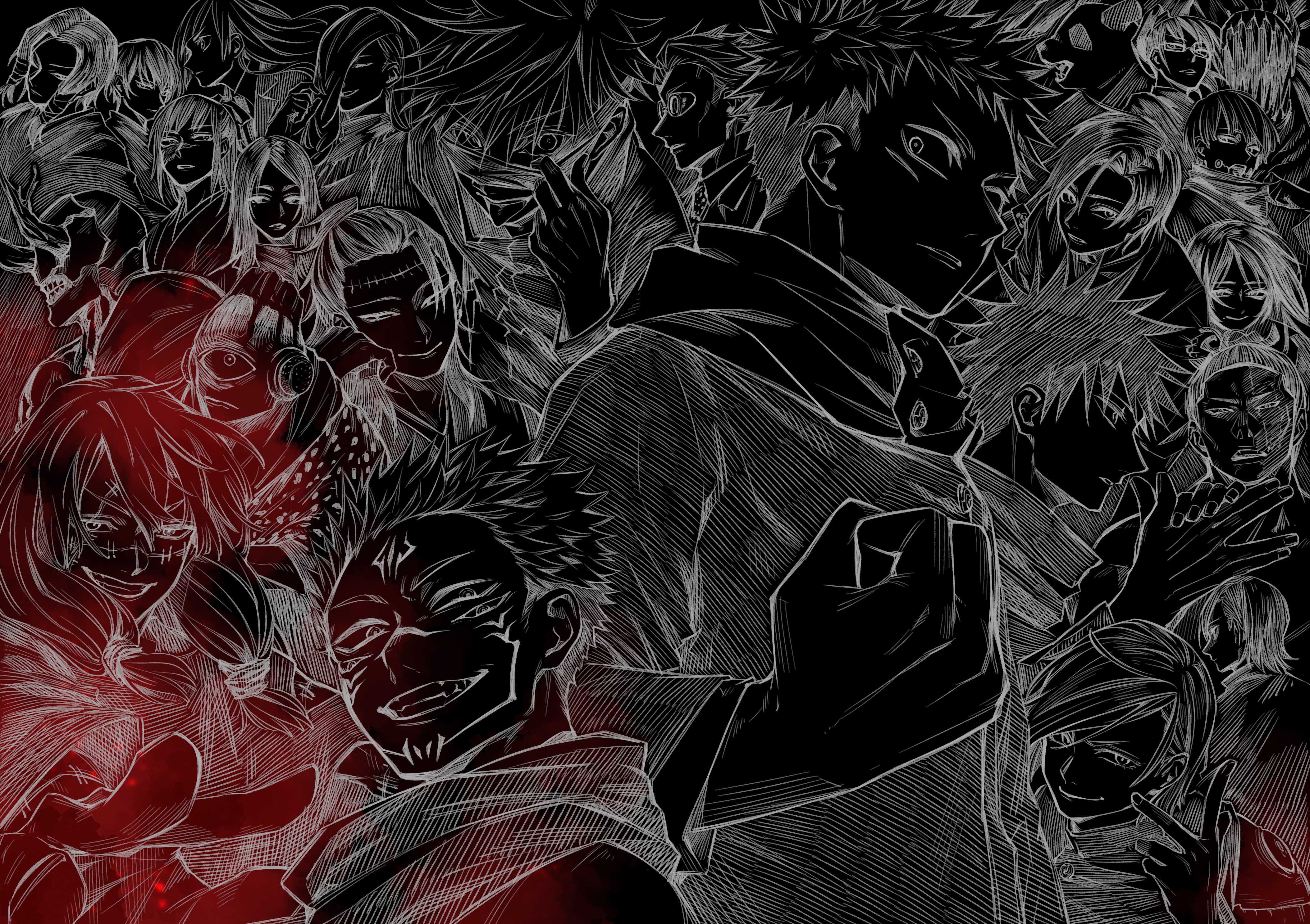 HD desktop wallpaper featuring stylized monochrome art of Jujutsu Kaisen characters including Yuji Itadori, Satoru Gojo, and others.