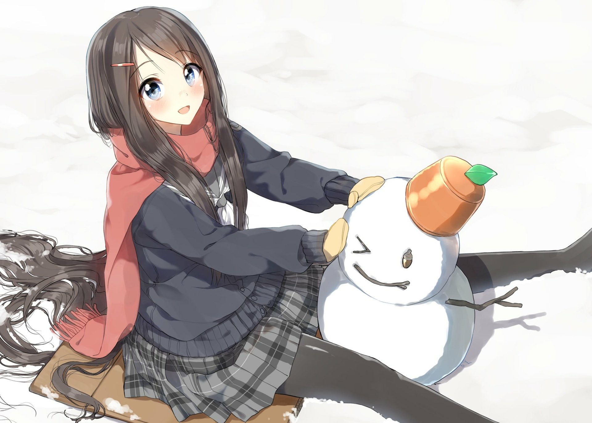 Download Long Hair Scarf Snowman Anime Original HD Wallpaper by ぺんたごん