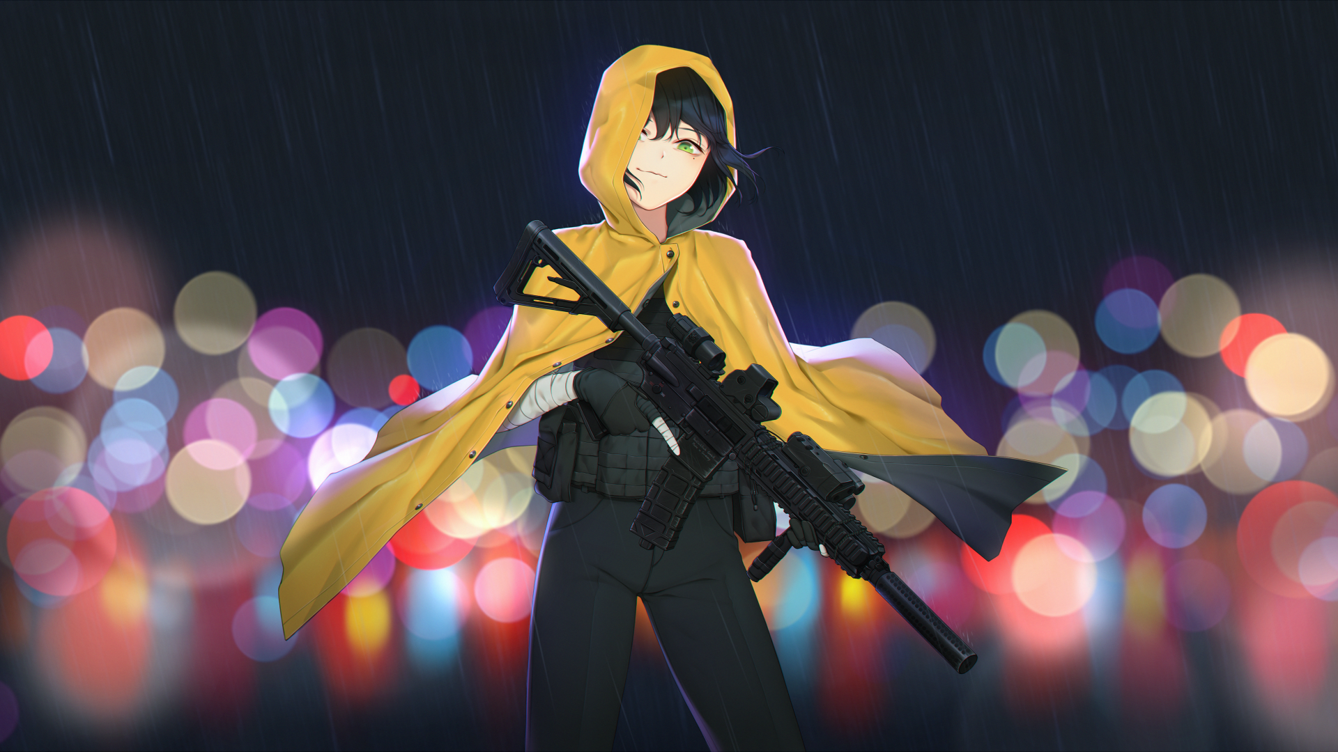 Original anime character in a yellow hooded cloak holding a rifle in the rain, bokeh city lights behind — 4K Ultra HD PC desktop wallpaper/background.