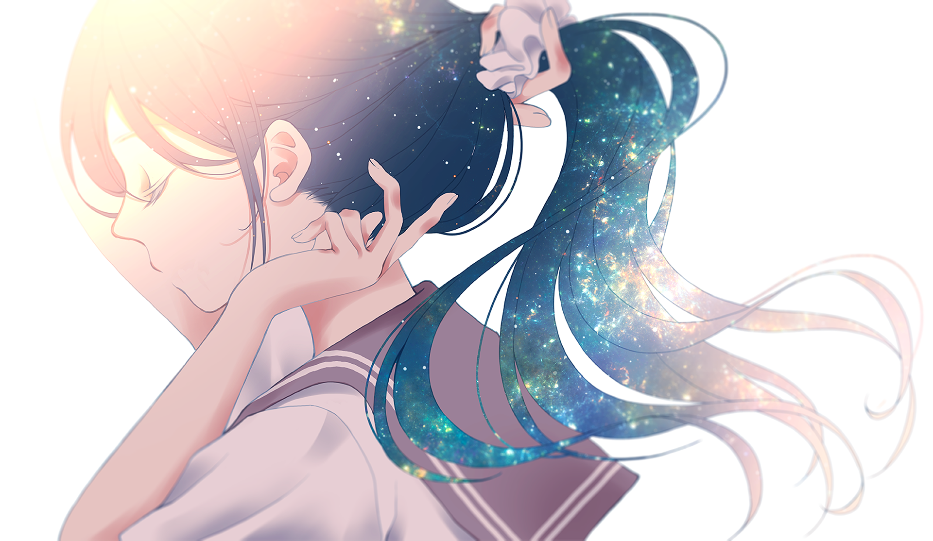 Anime original HD PC desktop wallpaper/background: serene schoolgirl in profile with closed eyes, her long ponytail blending into a glittering galaxy under soft pastel light.