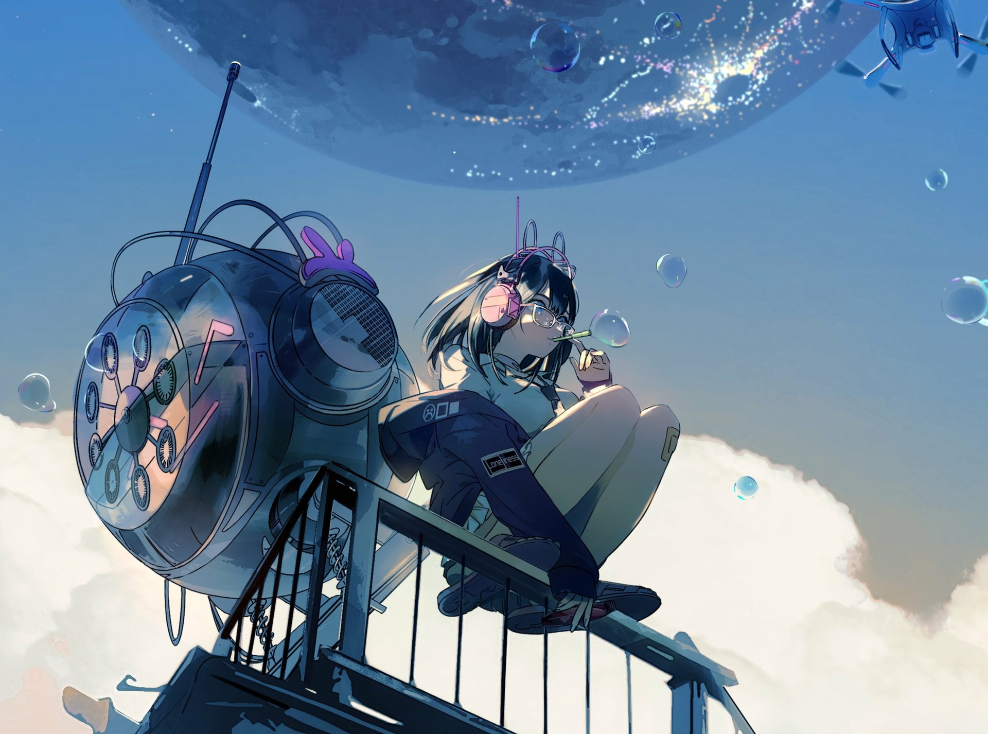 HD anime desktop wallpaper featuring a girl with headphones, smoking while perched on a futuristic structure under a bright sky with bubbles floating around.