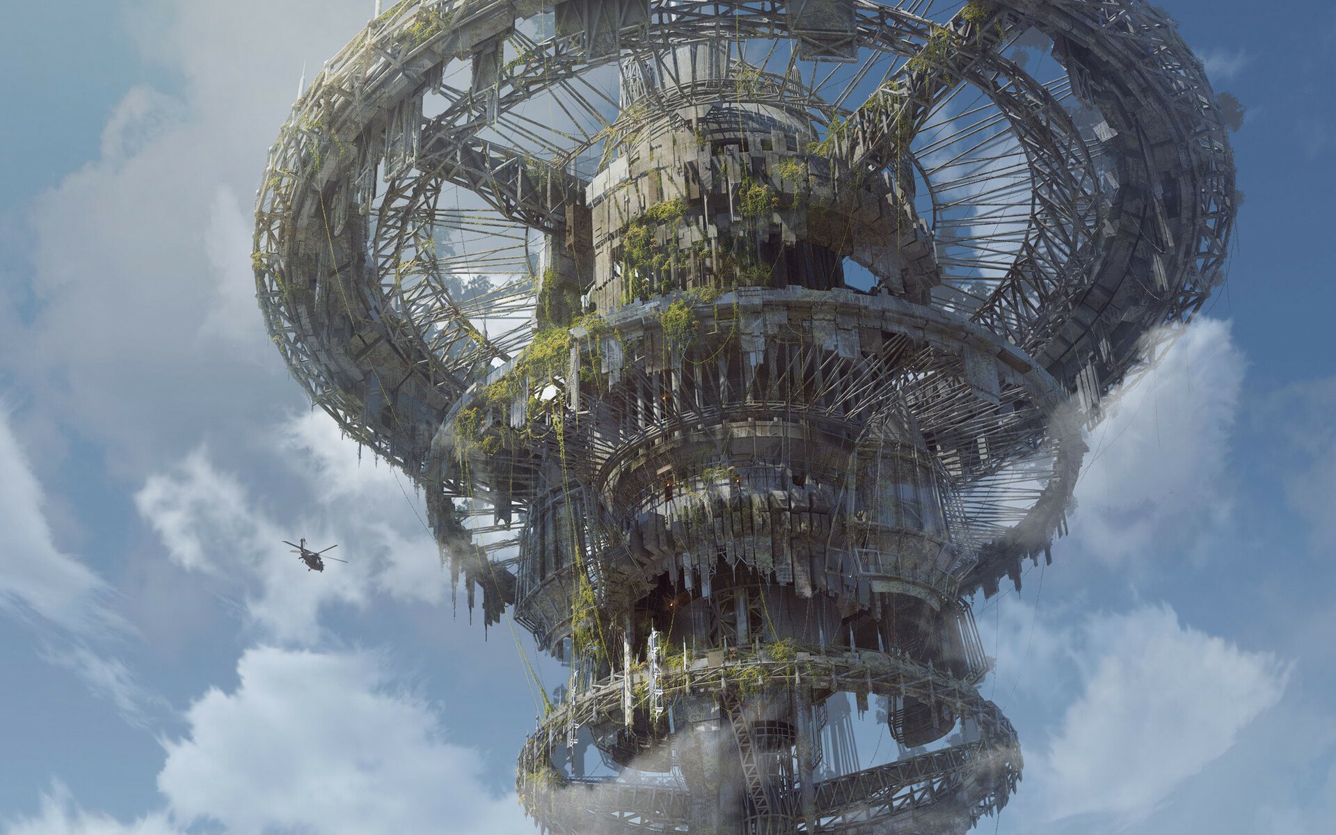 HD desktop wallpaper featuring a futuristic sci-fi building with overgrown plants and intricate architecture, set against a cloudy blue sky.