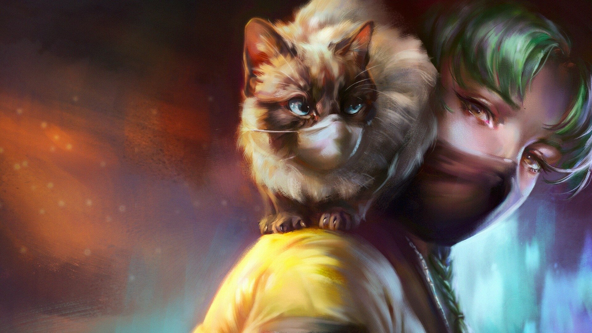 HD fantasy desktop wallpaper featuring a woman wearing a mask with green hair, accompanied by a masked cat perched on her shoulder in a vibrant, colorful setting.