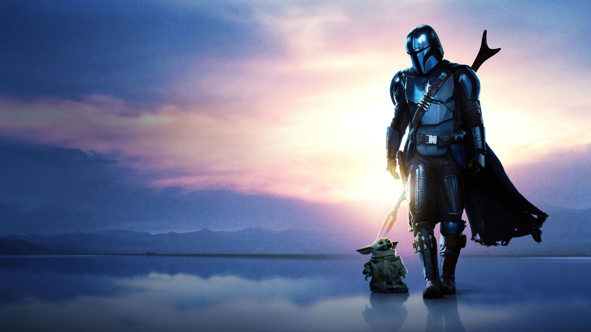 4K Ultra HD wallpaper featuring The Mandalorian and Baby Yoda from the TV show The Mandalorian, walking together against a vibrant sunset backdrop.