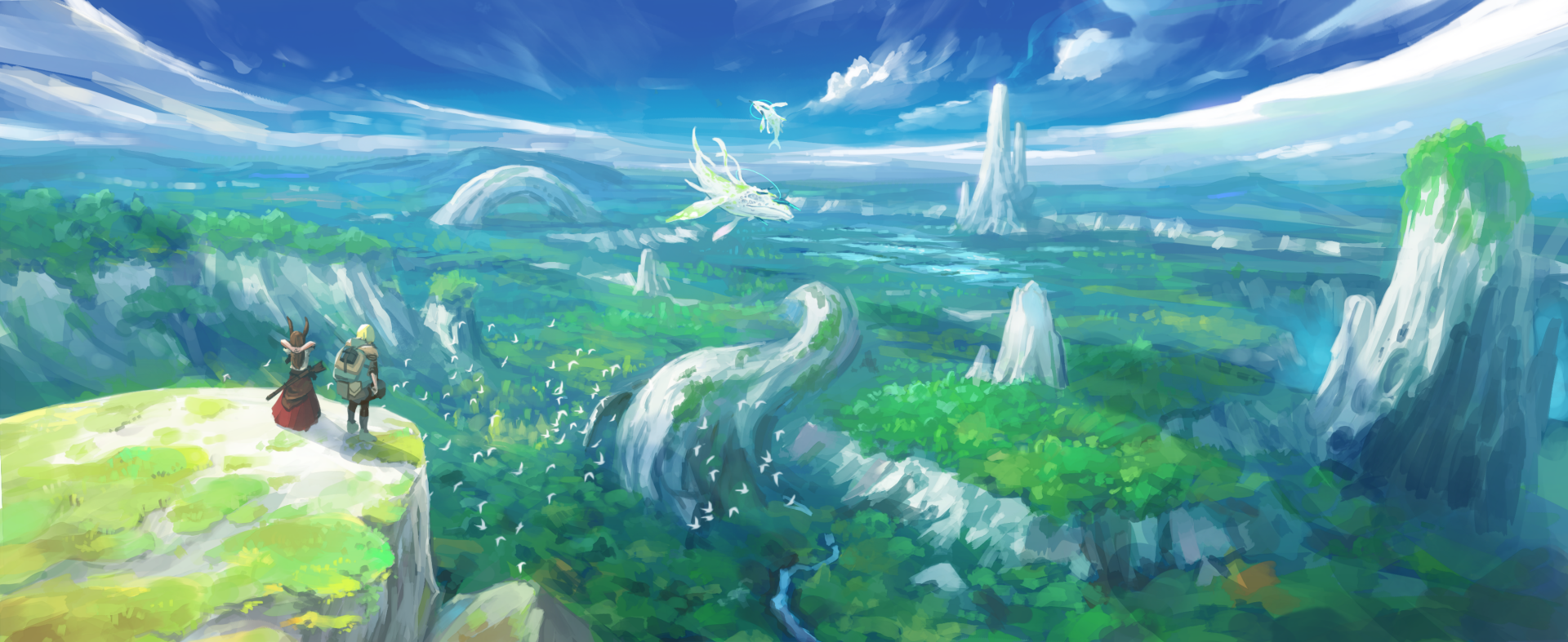 Anime original HD PC desktop wallpaper and background: two figures on a cliff overlook sweeping green valleys with curved stone arches and crystalline spires as white birdlike creatures soar.