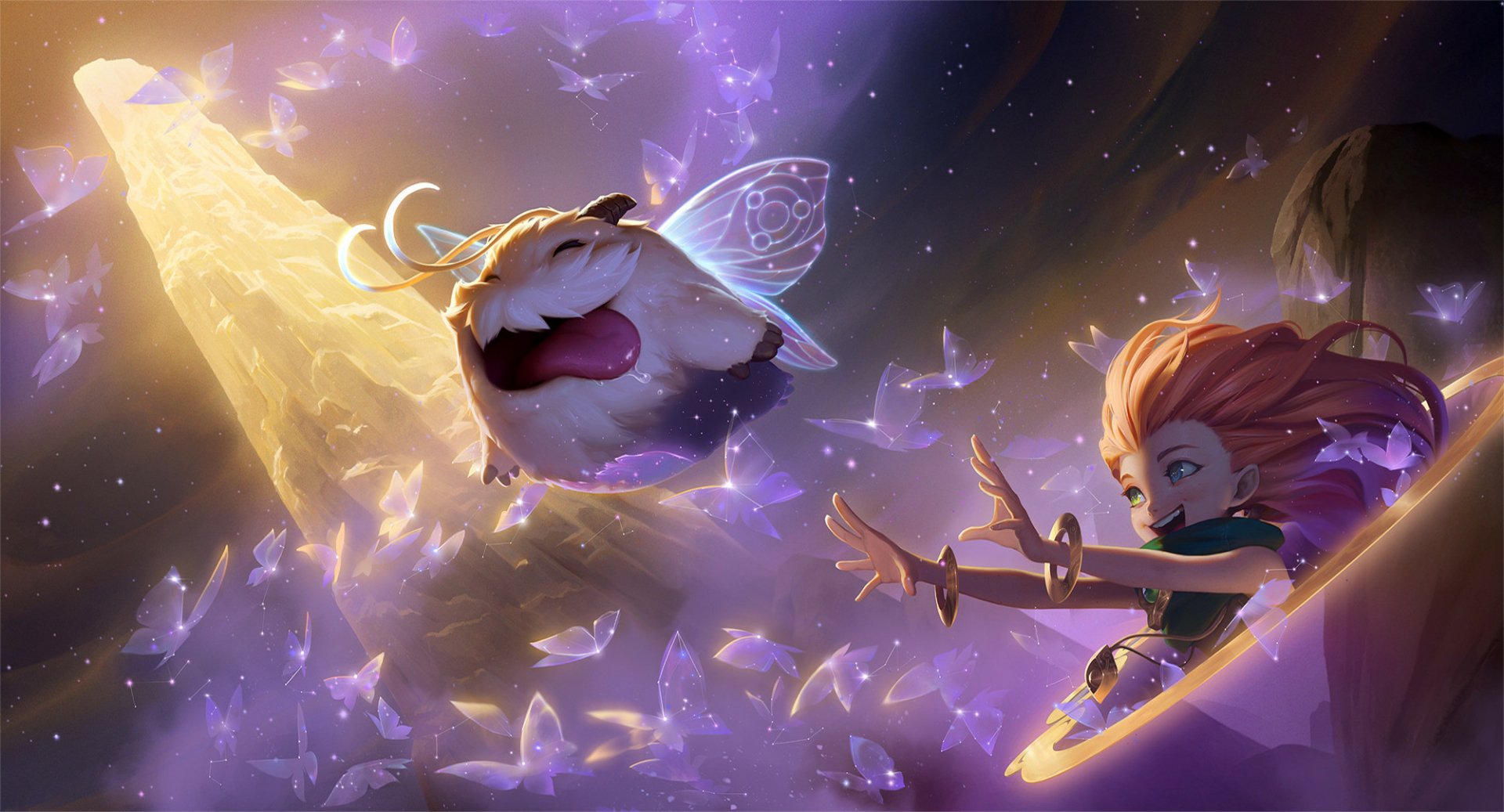 HD PC desktop wallpaper featuring Poro and Zoe from League of Legends in a vibrant Legends of Runeterra-themed scene with glowing butterflies and dynamic motion.