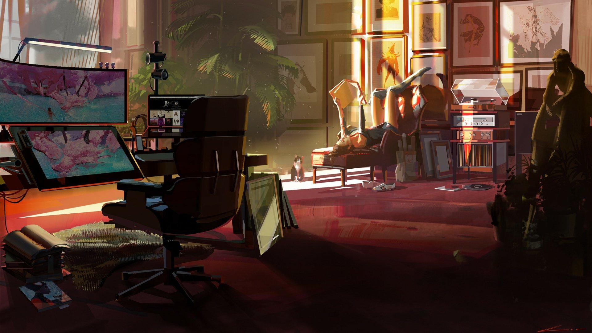 HD anime-style desktop wallpaper depicting a cozy, softly lit room with multiple monitors, a swivel chair, and warm sunlight streaming through tall windows.