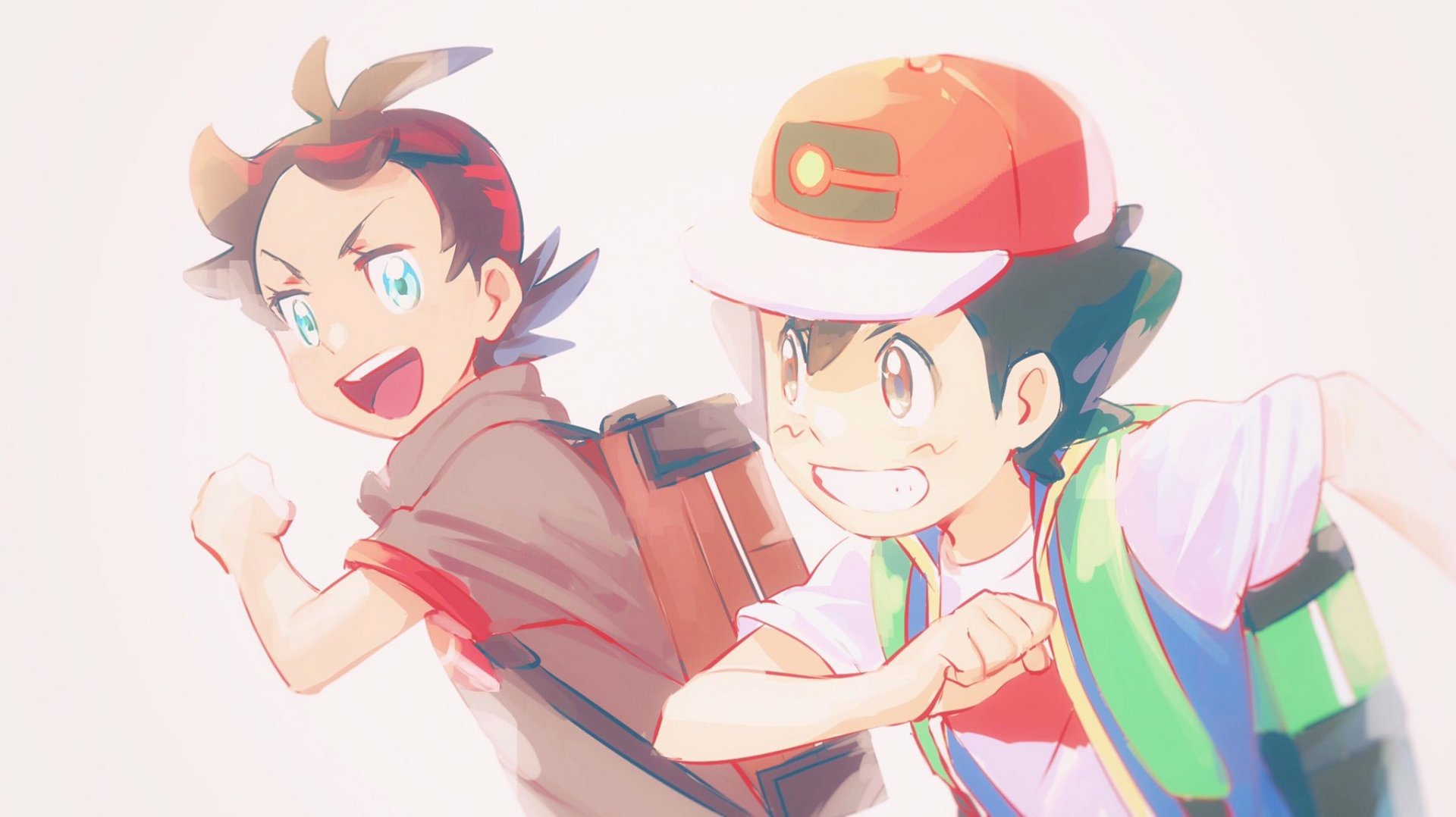 Anime-style HD wallpaper featuring Ash Ketchum and Goh with two-toned black hair, wearing caps, smiling with brown and blue eyes in a dynamic Pokémon-themed scene.