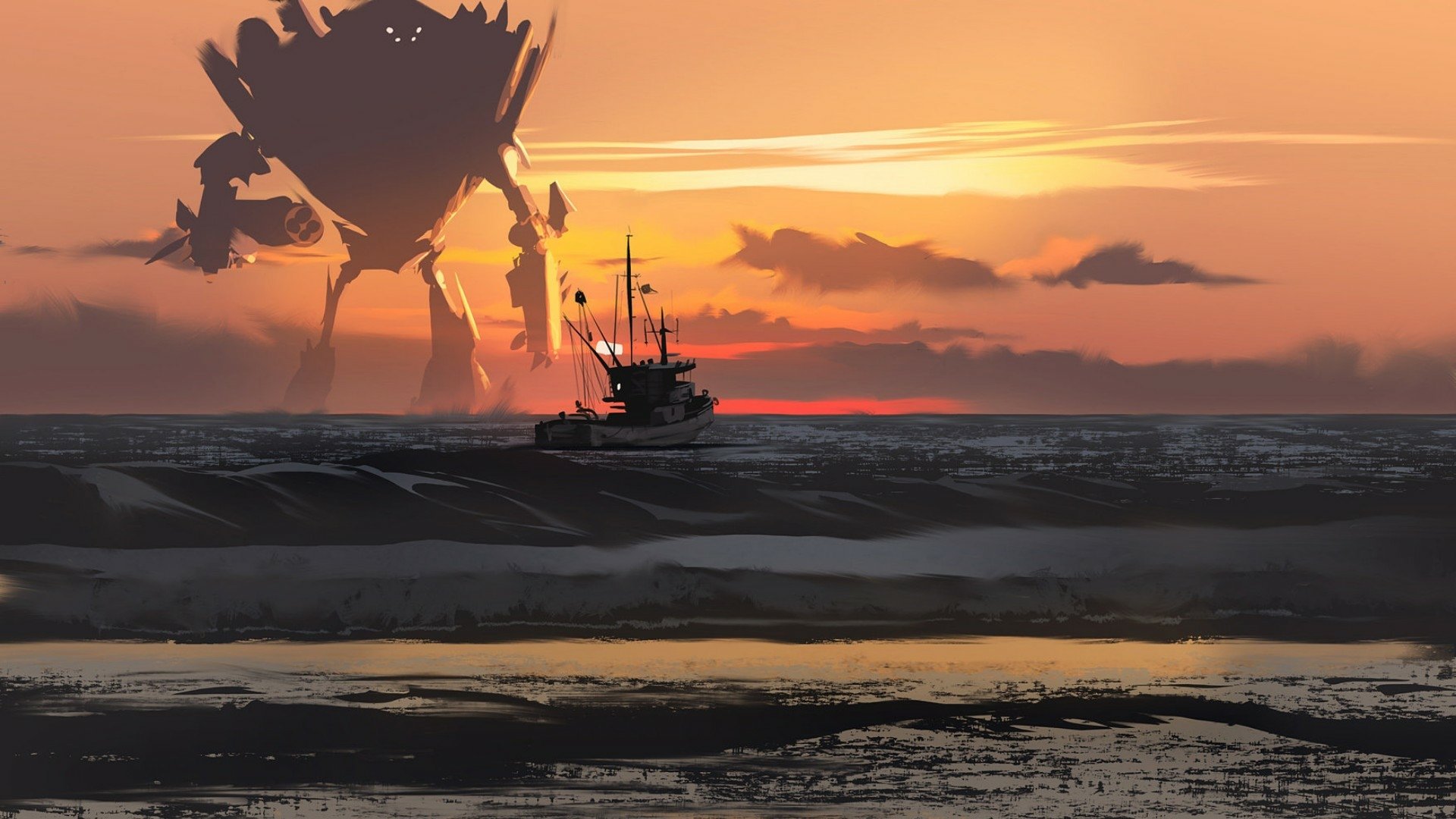 HD Sci-Fi desktop wallpaper showing a fishing boat on the ocean at sunset with a towering robot monster emerging from the sky in the background.