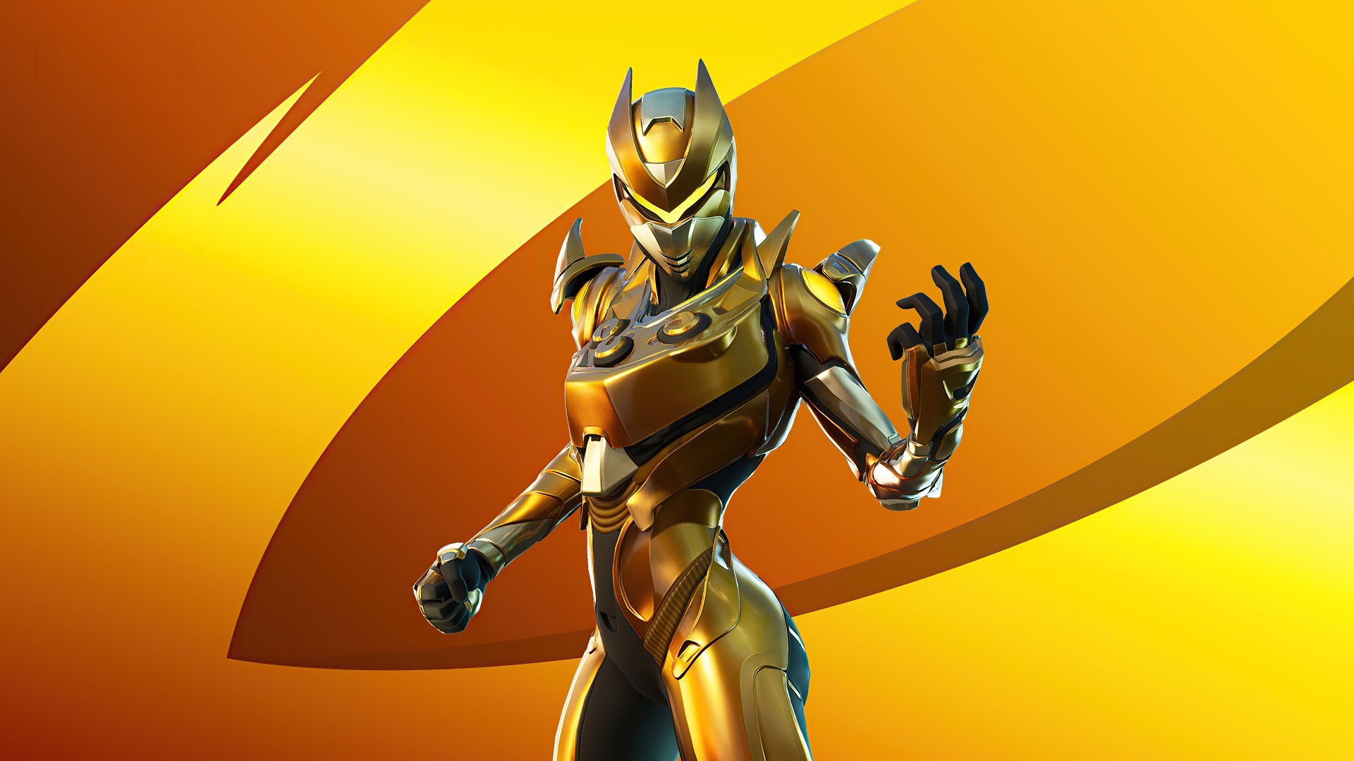 Fortnite armored gold futuristic warrior striking a pose against sweeping golden shapes — 4K Ultra HD PC desktop wallpaper/background