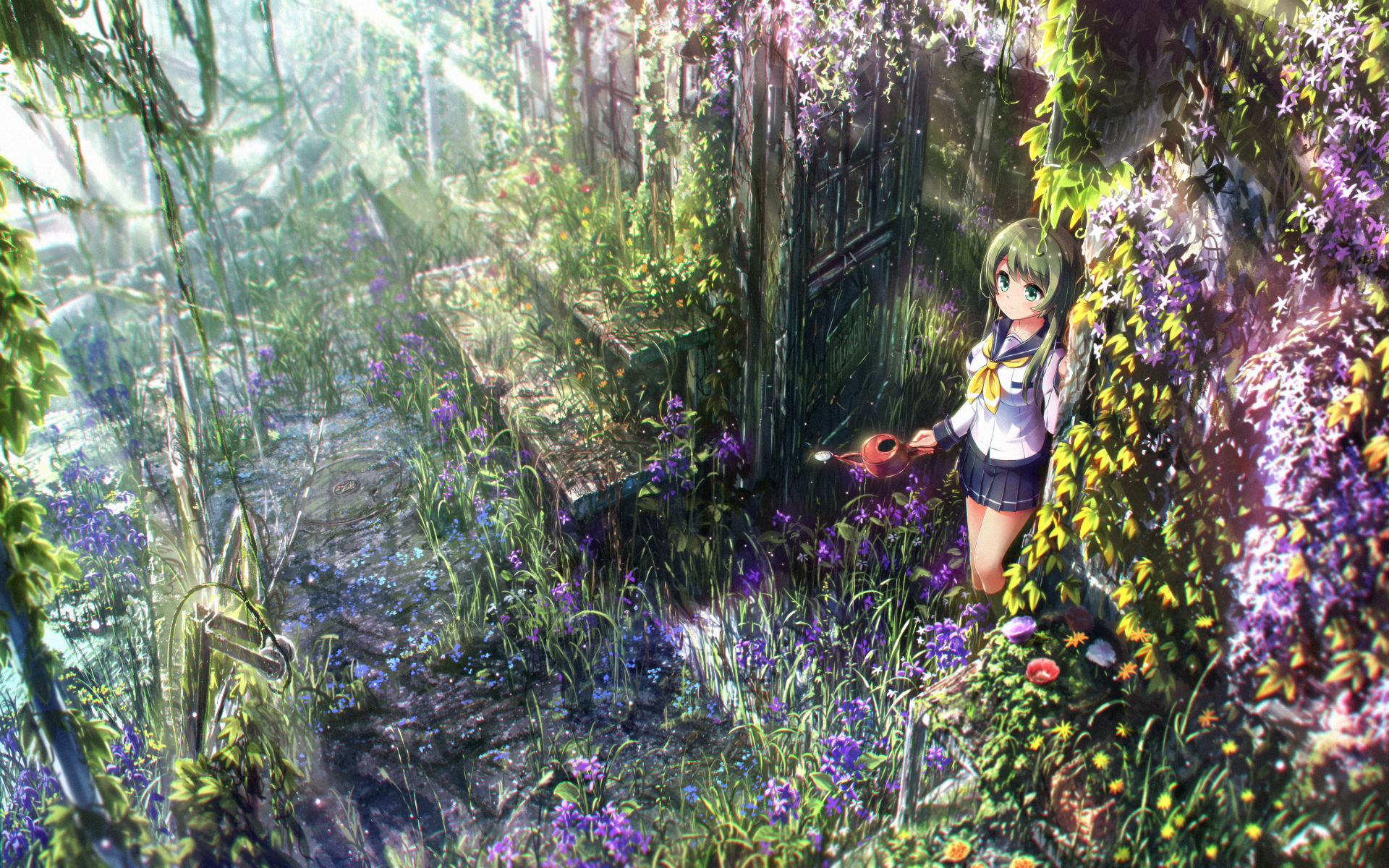 Download Green Hair School Uniform Flower Tokiwa Kurumi Anime Battle Girl High School 4k Ultra HD Wallpaper by ねぎここ