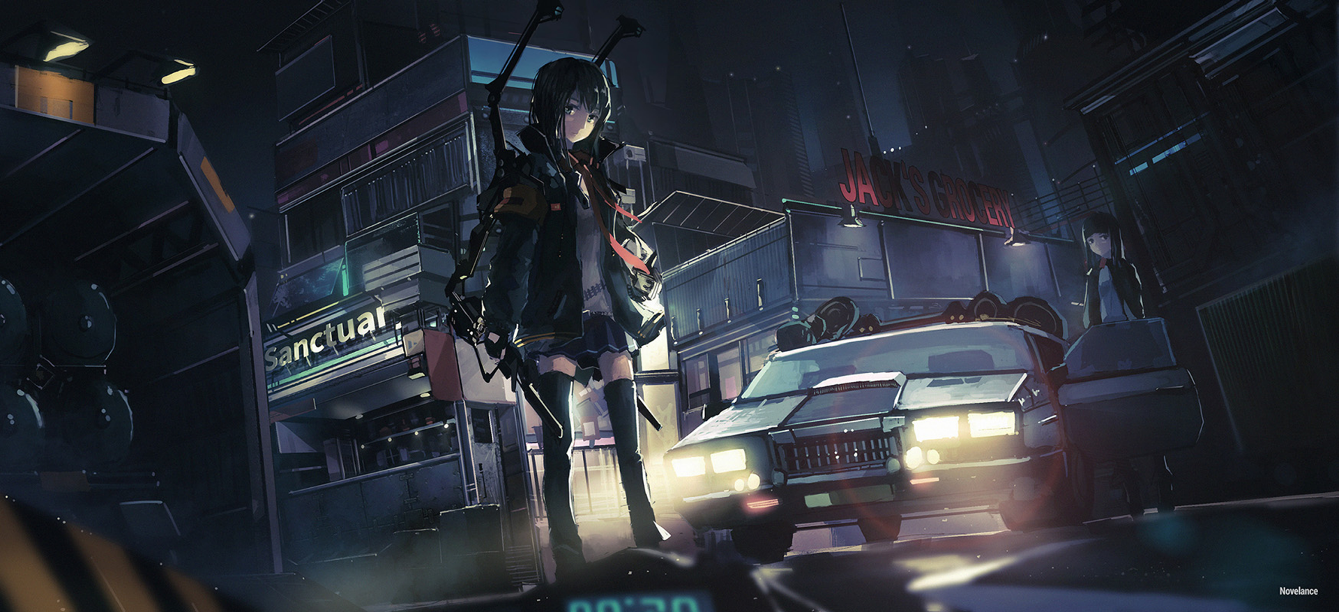 HD desktop wallpaper featuring an anime girl with dark hair and a serious expression, standing in a dimly lit urban street with neon signs and a futuristic car in the background.