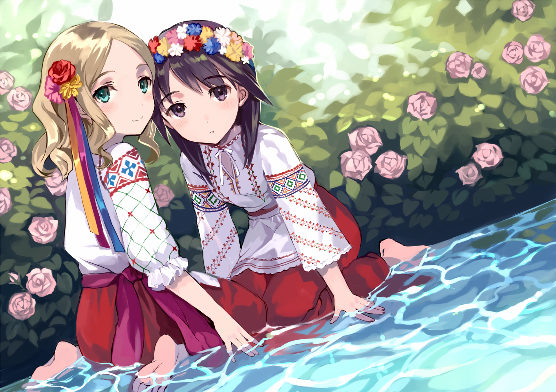 HD anime desktop wallpaper featuring two anime girls in traditional embroidered outfits sitting by a flowing stream surrounded by blooming roses.