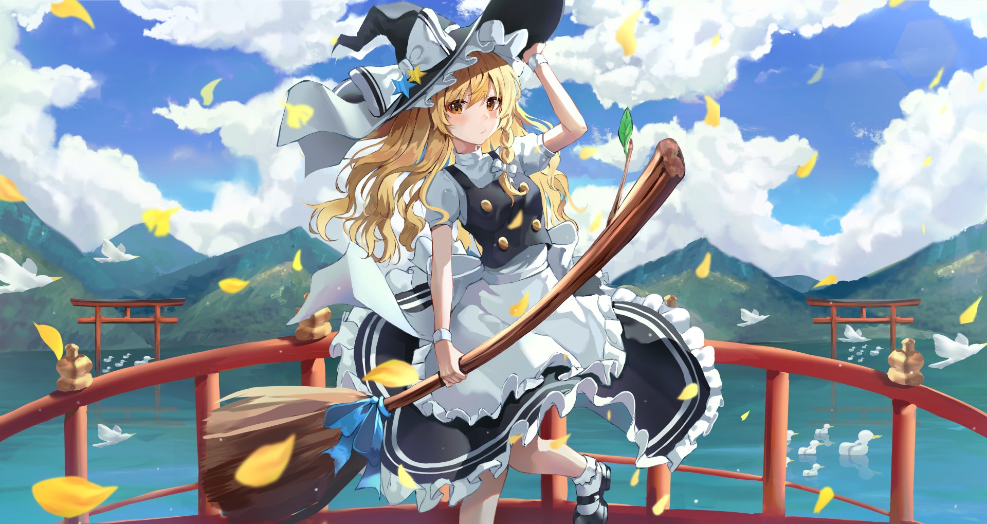 Anime-style 4K Ultra HD wallpaper featuring blonde Marisa Kirisame from Touhou, wearing a witch hat and holding a broom on a red bridge with mountains and clouds in the background.