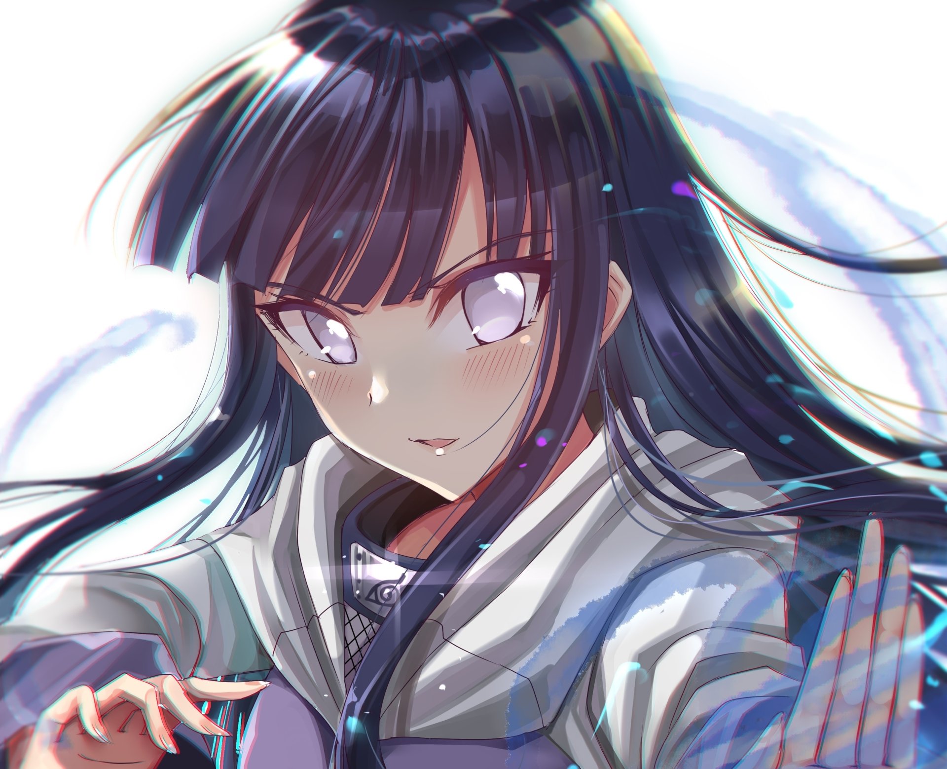 HD PC desktop wallpaper featuring Hinata Hyuga from the anime Naruto, showcasing her with flowing hair and expressive eyes in dynamic anime art style.