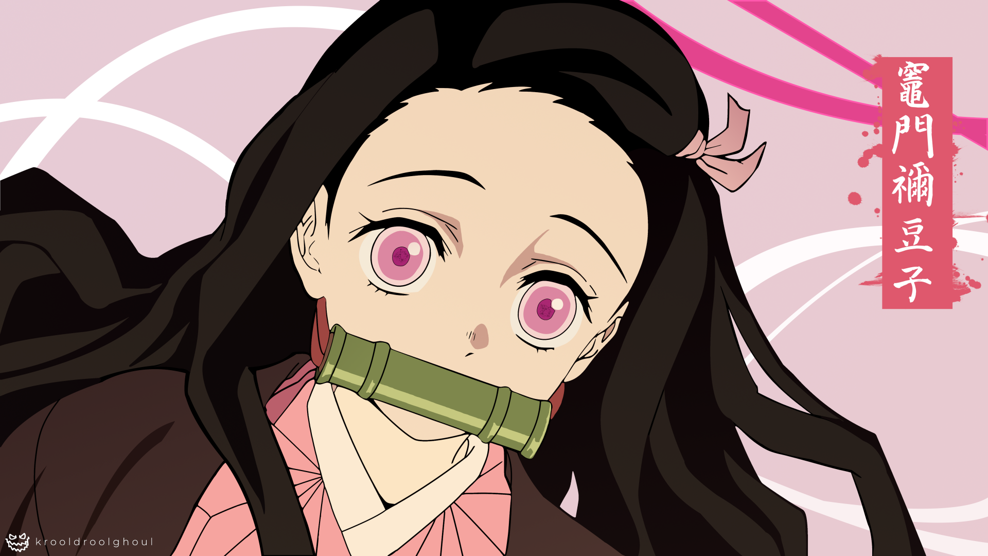 Nezuko Kamado from Demon Slayer: Kimetsu no Yaiba with striking pink eyes, featured in a vibrant 4K Ultra HD anime desktop wallpaper.