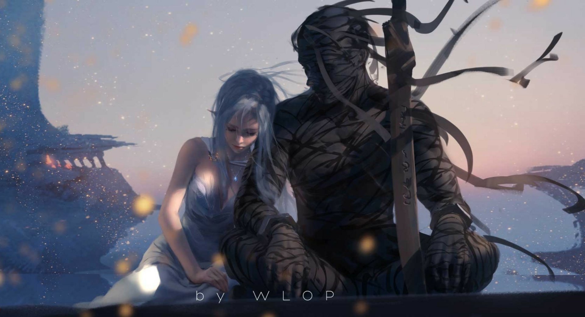 HD PC desktop wallpaper from the comic GhostBlade, depicting a mysterious, bandaged figure holding a sword beside a silver-haired woman under a soft, twilight sky.