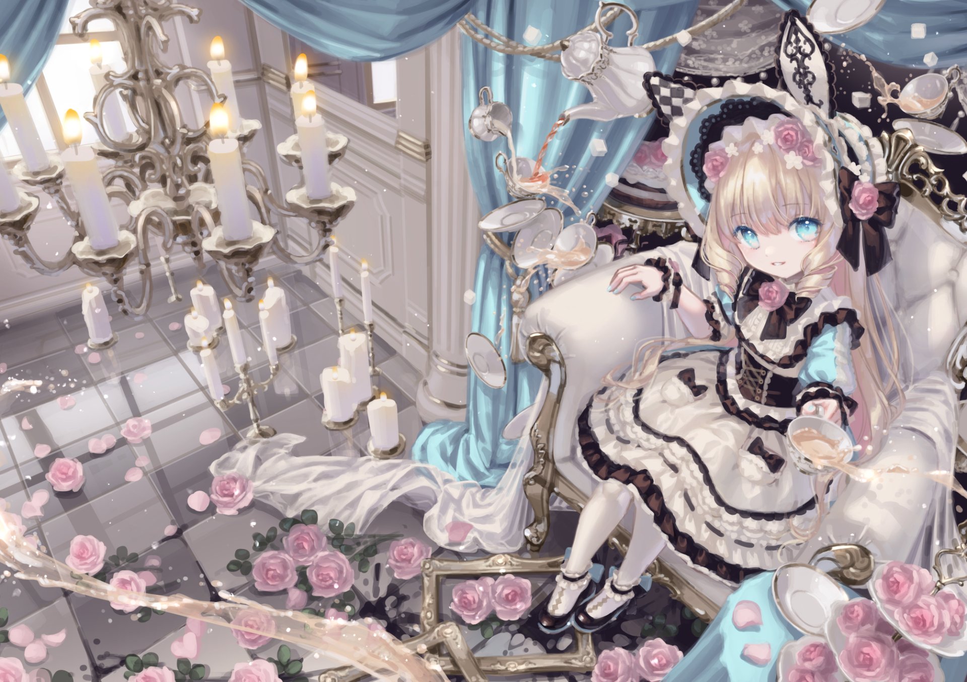 HD PC desktop wallpaper/background of a blonde anime girl with aqua eyes in an ornate Victorian maid dress, seated among candles, roses, and pastel decor.