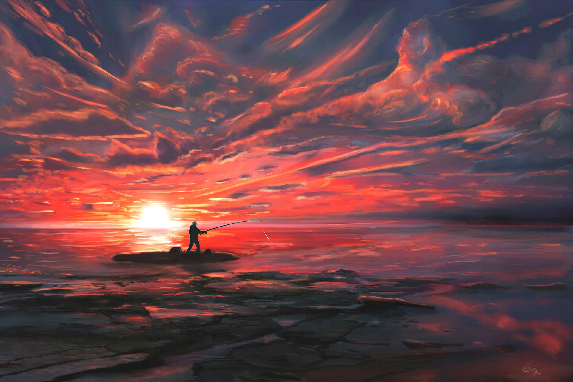 Download Sea Fisherman Artistic Sunset HD Wallpaper by Alex SpLiNe