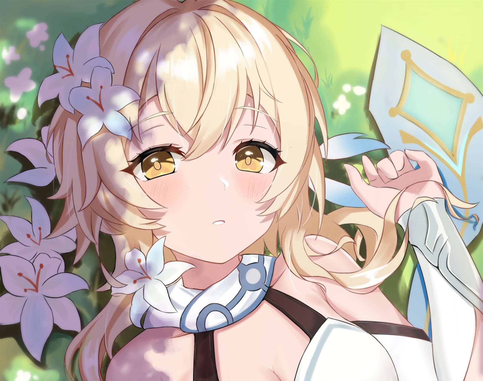 HD PC desktop wallpaper featuring Lumine from the video game Genshin Impact, depicted with soft lighting and floral accents in a vibrant, detailed anime style.