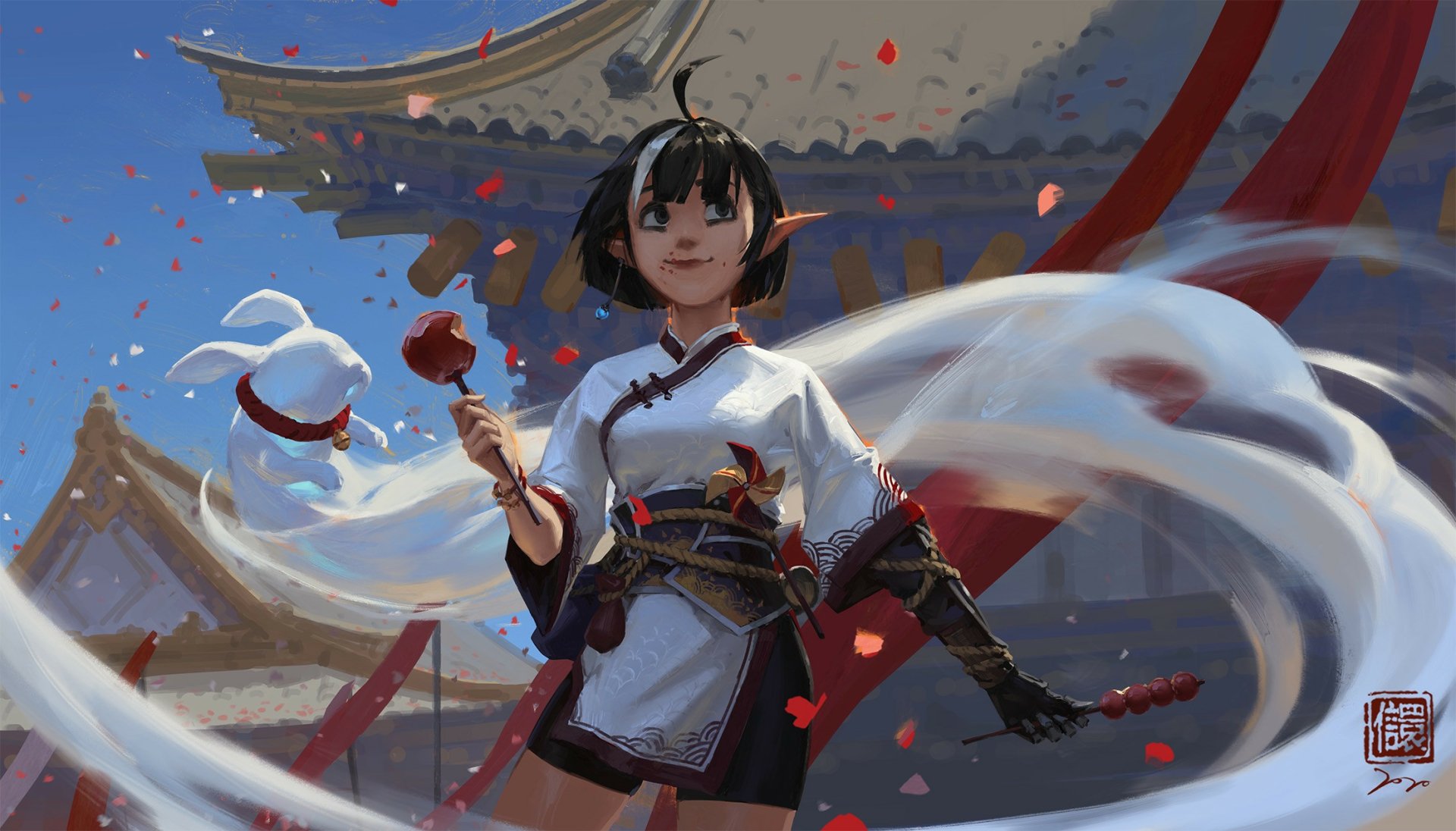 Anime-style elf girl in traditional Chinese attire holds skewers of food, standing in front of an ornate temple with swirling ribbons and falling petals in this HD desktop wallpaper.