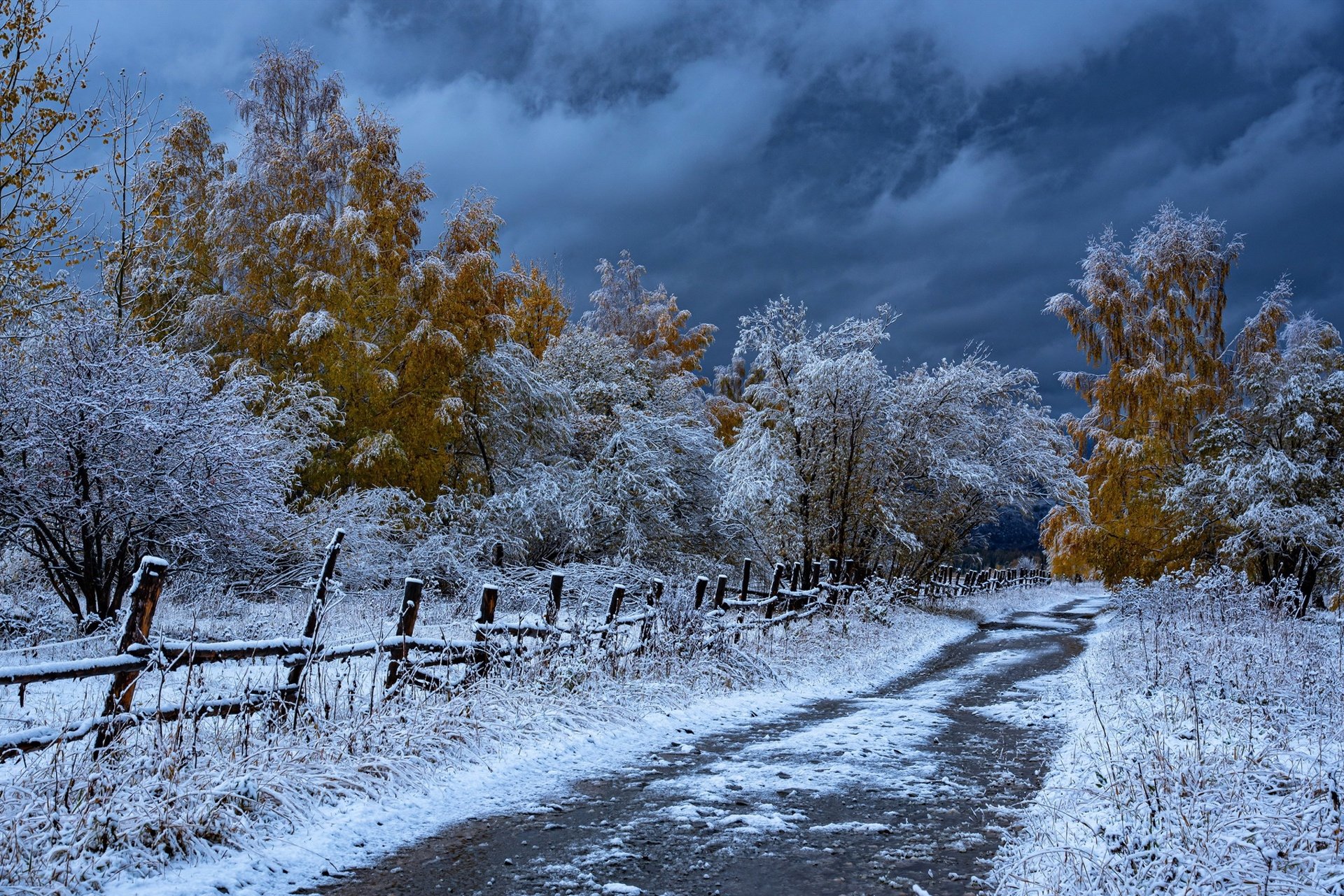 Первый снег природа. Снежная осень. Осень снег. Первый снег. Осенняя заснеженная дорога.