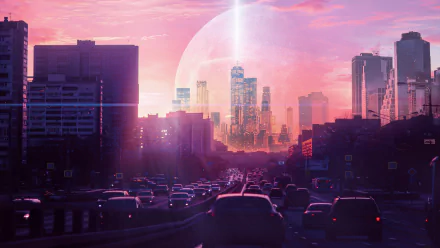 A vibrant 4K Ultra HD sci-fi cityscape at sunset with futuristic cars driving through illuminated streets under a glowing dome.