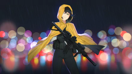 Original anime character in a yellow hooded cloak holding a rifle in the rain, bokeh city lights behind — 4K Ultra HD PC desktop wallpaper/background.