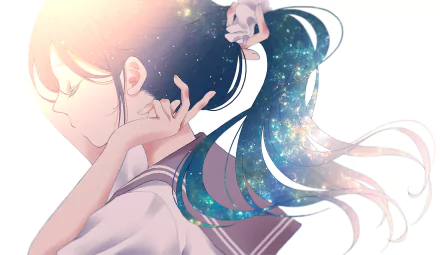 Anime original HD PC desktop wallpaper/background: serene schoolgirl in profile with closed eyes, her long ponytail blending into a glittering galaxy under soft pastel light.