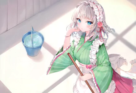 Anime original 4K Ultra HD PC desktop wallpaper/background: sunlit room with a blue-eyed girl in a green kimono and frilly apron, holding a broom beside a blue water bucket.