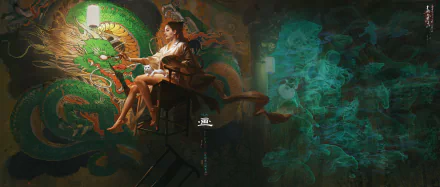 Fantasy-themed HD PC desktop wallpaper featuring a serene woman in traditional attire surrounded by mystical green dragon and ethereal smoke-like elements.
