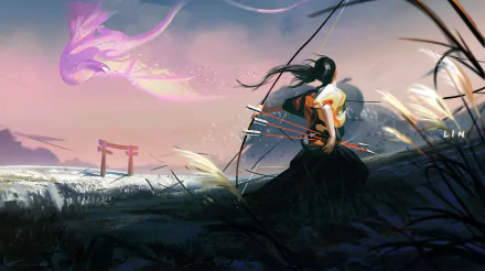 A woman warrior archer stands in a fantasy landscape near a torii gate, facing a glowing dragon under a vibrant sky in this HD PC desktop wallpaper.