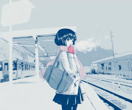 Anime-style original HD PC desktop wallpaper depicting a girl standing at a snowy train station, wrapped in a scarf and coat, with visible breath in the cold air.