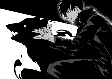 HD desktop wallpaper of Megumi Fushiguro from the anime Jujutsu Kaisen, featuring him performing a shadow summoning. The black and white art style adds a dramatic flair to the scene.