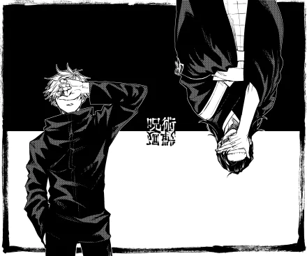 Black-and-white HD desktop wallpaper featuring Satoru Gojo and Suguru Geto from the anime Jujutsu Kaisen, with Japanese text in the center.