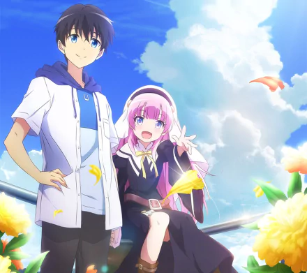 HD anime desktop wallpaper featuring Youta Narukami and Hina Satō from The Day I Became a God, set against a bright blue sky with clouds and colorful flowers.