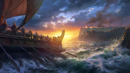 HD fantasy wallpaper depicting a Viking warrior ship sailing turbulent seas toward a fiery coastal fortress at sunset.