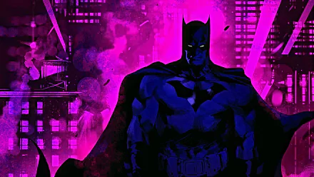 A striking 4K Ultra HD PC wallpaper featuring Batman from DC Comics, set against a vibrant purple cityscape background in comic art style.