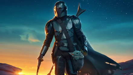 The Mandalorian in armor carrying Baby Yoda, set against a starry night sky, featured in this 4K Ultra HD PC desktop wallpaper from The Mandalorian TV show.