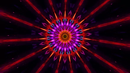 A colorful abstract kaleidoscope design with vibrant red, purple, and blue hues radiating from the center, presented as an HD PC desktop wallpaper background.