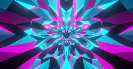 A vibrant 4K Ultra HD abstract kaleidoscope tunnel with symmetrical geometric shapes in bright blue and purple hues, creating a dynamic digital pattern.