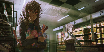 HD anime original desktop wallpaper depicting two girls with intense expressions in a dimly lit convenience store, one holding snacks and the other gripping a firearm.